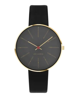 ARNE JACOBSEN BANKERS 34 MM GRÅ MED SORT LÆDER - 53109-1601G