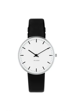 ARNE JACOBSEN CITY HALL DAME UR MED SORT LÆDERREM 34MM - 53201-1601
