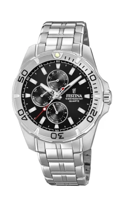 FESTINA HERRE UR STÅL MULTIFUNKTION SORT SKIVE MED LÆNKE - F20445/3