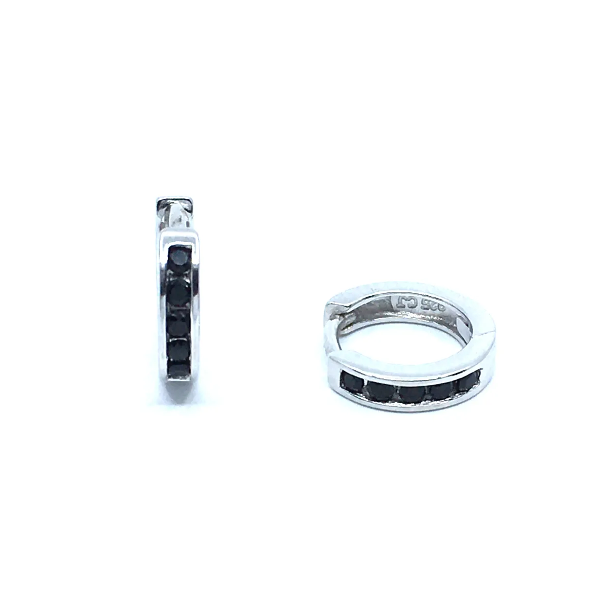 SØLV ØRERINGE CREOL DIAMETER 12 MM MED SORTE SYNTETISKE ZIRKONIA