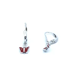 SØLV ØRERINGE HÆNGER BØJLE LUK MED RØD EMALJE SOMMERFUGL